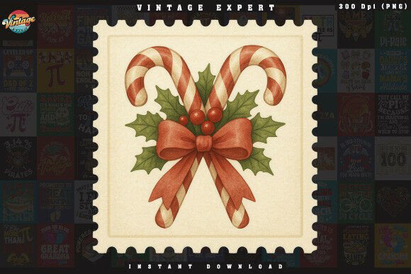Candy Cane Christmas Postage Stamp PNG