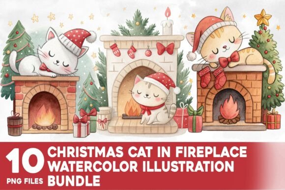Christmas Cat in Fireplace Illustration Review