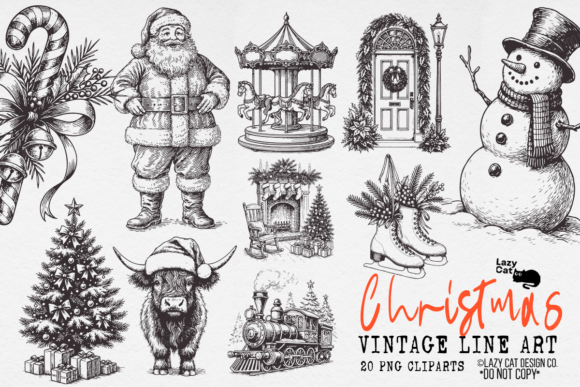 Christmas Vintage Line Art PNG Bundle: A Designer’s Review for Modern Illustrations