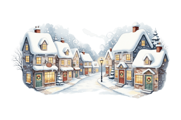 Cozy Snowy Christmas Village Scene Illustrations Review