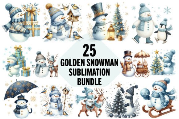 Golden Snowman Christmas Clipart Bundle for Illustrations