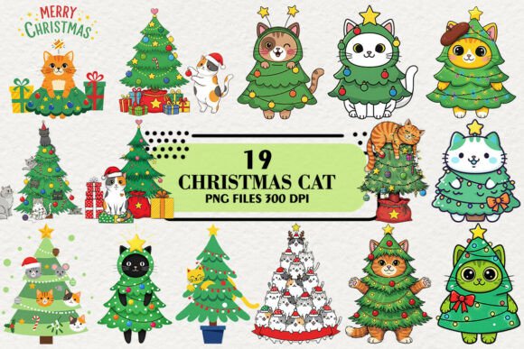 Kawaii Christmas Cat Tree Clipart: Illustrations for Brand Design