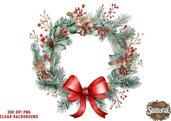 Pine Red Ribbon Christmas Wreath Clipart Illustrations
