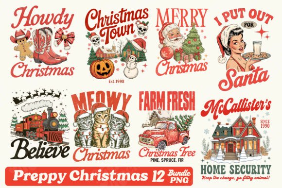 Preppy Christmas PNG Bundle Sublimation: Illustrations for Branding