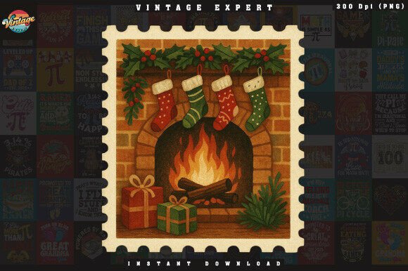 Retro Christmas Stamp Cozy Fireplace PNG Illustrations