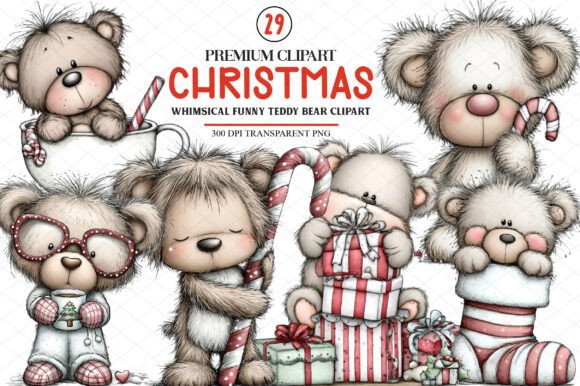 Whimsical Funny Christmas Teddy Bear Cli and Illustrations